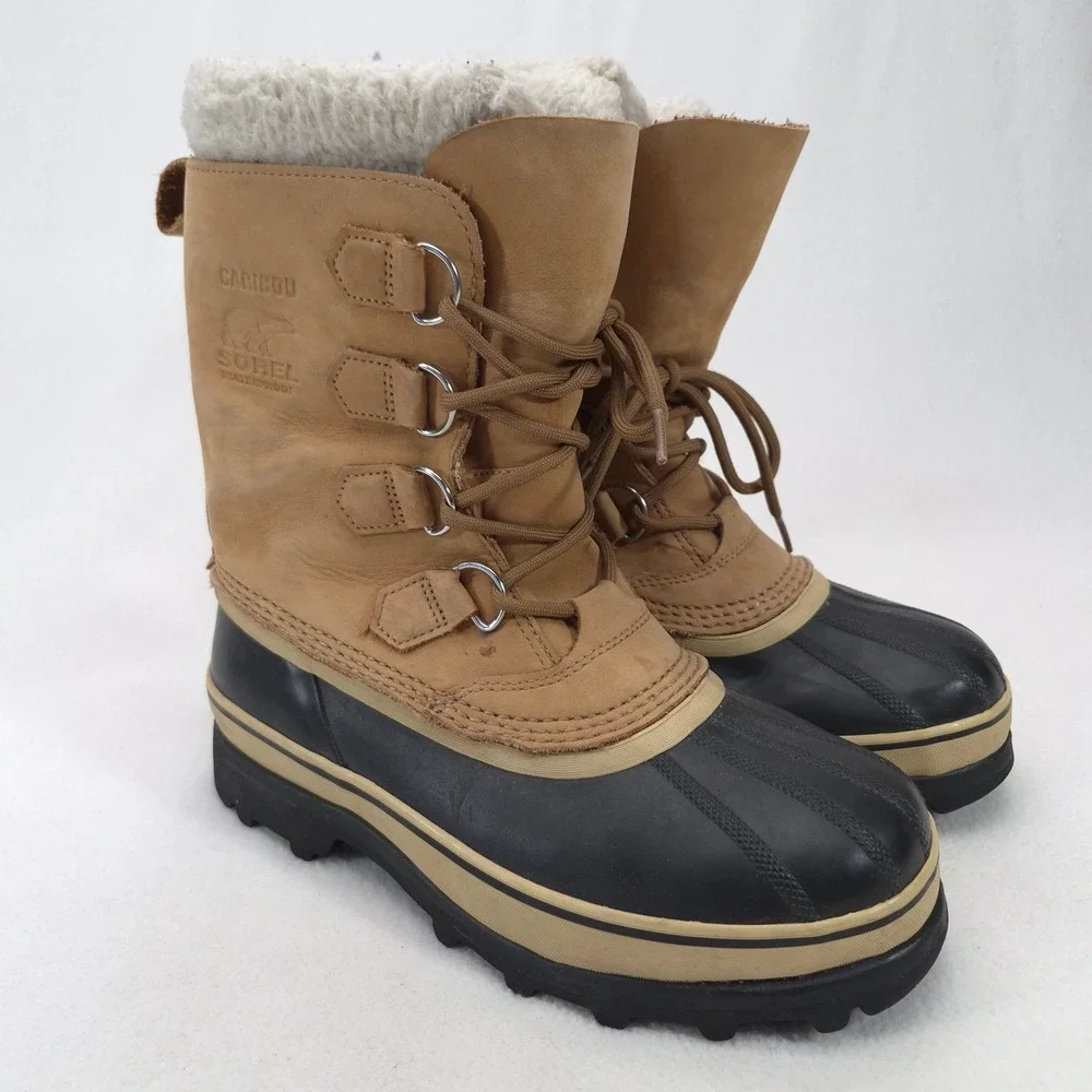 Sorel Caribou Tan Black Leather Waterproof Winter Snow Boots Lace Up Size 8